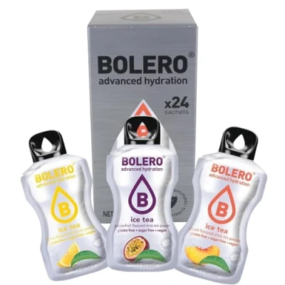 Abbildung von Bolero ICE TEA MIX 24x3g Saftpulver ohne Zucker, gesüßt mit Stevia + Vitamin C glutenfrei und veganfreundlich Eistee Geschmacksrichtungen Pfirsich, Zitrone oder Passionsfrucht