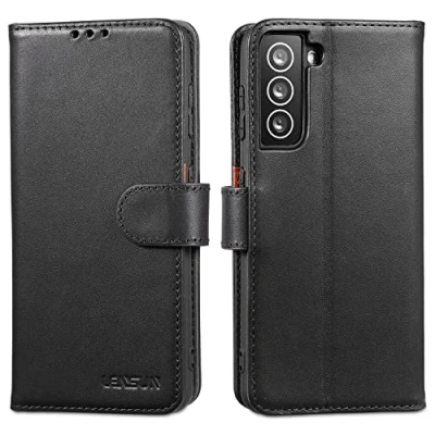 Abbildung von LENSUN Lederhülle für Samsung Galaxy S21, Echtleder Handyhülle [Echtes Leder] [Magnetverschluss] [RFID Schutz] Handytasche Hülle S21 5G Schwarz