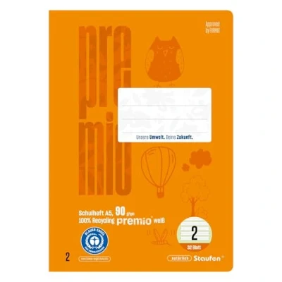 Abbildung von Staufen Green Schreiblernheft DIN A5, Lineatur 2 (4/4/4mm liniert, farbig hinterlegte Lineatur), 16 Blatt, premiumweißes 90g/m² Recyclingpapier, runde Ecken verhindern „Eselsohren“, 1 Stück