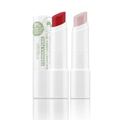 Abbildung von Deborah Milano Formula Pura Set Feuchtigkeitsspendender Lippenbalsam BIO Farbe 05 Red Brick und Color 01 Transparent, ohne Duftstoffe, Silikon, SPF 10, für weiche genährte Lippen