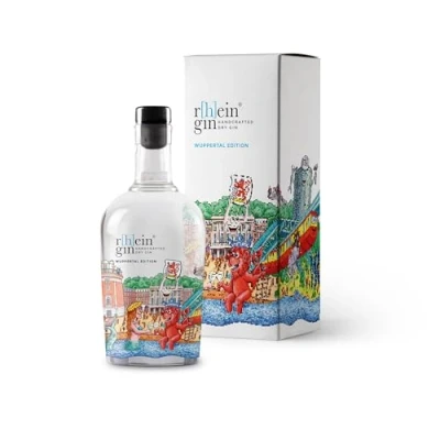 Abbildung von r[h]eingin Tilly Wuppertal Edition mit hochwertiger Geschenkverpackung 500ml Einzelflasche 46% vol Handcrafted Dry Gin Geschenkidee für Liebhaber