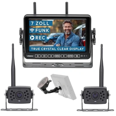 Abbildung von VSG24 7“ Element Wired HD Funk Rückfahrsystem mit 2 Kameras für Wohnmobil &amp; LKW, KFZ Set Rückfahrkamera kabellos + Monitor DIY Nachrüsten 12V 24V Kamera digital Auto Rückspiegel Pferdeanhänger