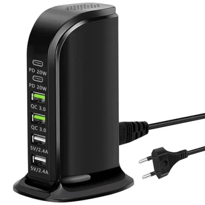 Abbildung von Mehrfach USB Ladegerät, 65W Schnelles C Ladegerät mit PD 20W und QC3.0, Multi Port Ladestation, 6 Ports Ladestation kompatibel iPhone/Samsung/Xiaomi Anderen Geräten (Schwarz)
