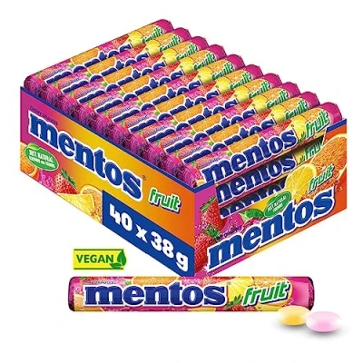 Abbildung von Mentos Fruit Dragees, Frucht Bonbons mit Orange, Zitrone, Erdbeere, Kaubonbons fruchtigem Geschmack, Süßigkeiten Multipack (40 Rollen), vegan