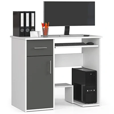 Abbildung von AKORD PC Schreibtisch Jay mit Tastatur und Ablage Office Desk Computertisch Bürotisch B90 x H74 T50 cm 29 kg Weiß/Graphitgrau