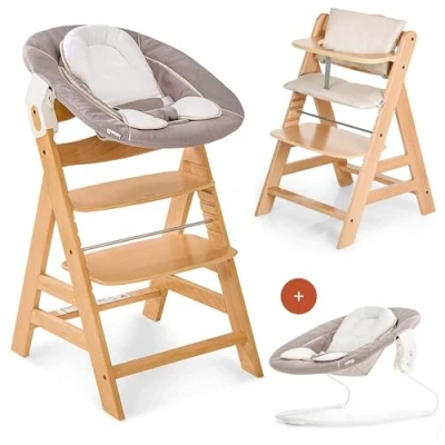 Abbildung von hauck Hochstuhl Alpha Plus Newborn Set mit 2in1 Bouncer Mitwachsender Holz Babyhochstuhl ab Geburt, inkl. Sitzauflage &amp; Neugeborenenaufsatz Natur