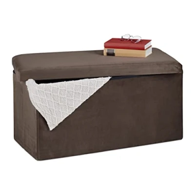 Abbildung von Relaxdays Sitzbank mit Stauraum, Samtbezug, 80 L, Flur, Wohnzimmer, gepolstert, faltbar, Truhenbank, 38x77x39 cm, braun