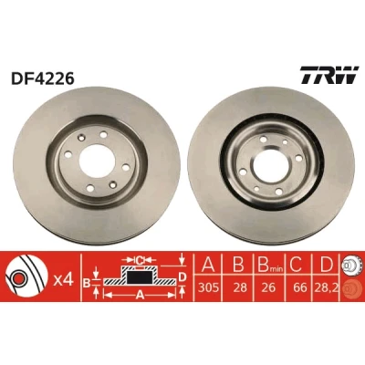 Abbildung von TRW DF4226 Bremsscheibe 305 28,2 4 108 Belüftet lackiert PEUGEOT: 406 Coupe