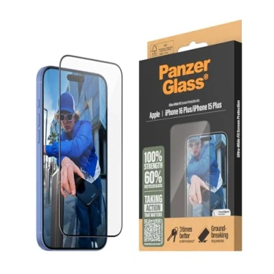 Abbildung von PanzerGlass® Hartglas Schutzfolie für Apple iPhone 16 Plus Ultra Wide Fit, Hüllenfreundlich, Kratzfest, Stoßfest mit Montagehilfe einfache Installation
