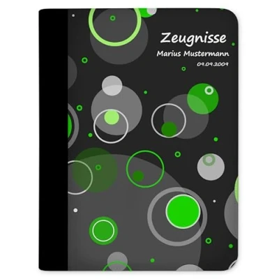 Abbildung von CreaDesign, Kinder Zeugnismappe personalisiert mit Namen, Zeugnis Mappe Kreise Grün, DIN A4, 26,7 x 32,7 1 cm, Rücken schwarz