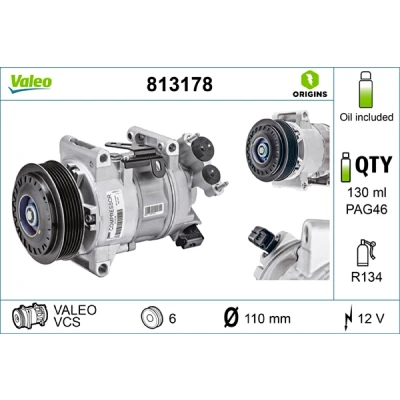 Abbildung von VALEO 813178 Kompressor VCS12E 12 PAG 46 R 134a, 1234yf mit Kompressoröl NEW ORIGINAL PART PEUGEOT: 5008 I, 3008 208 I Schrägheck