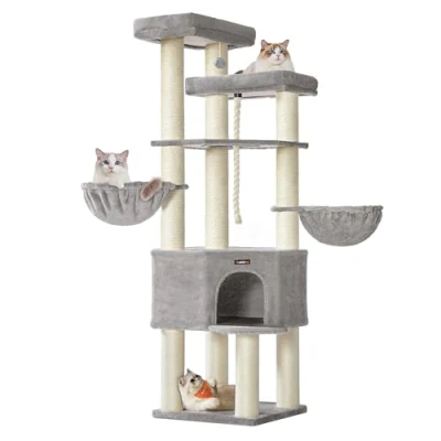 Abbildung von Feandrea Kratzbaum groß, mehrstöckiger Katzenbaum, XXL, 55 x 186,7 cm, 11 cm d Dicke Sisalstämme, für große Katzen wie Maine Coon Katze, Katzenkratzbaum, Taubengrau cremeweiß PCT008G01