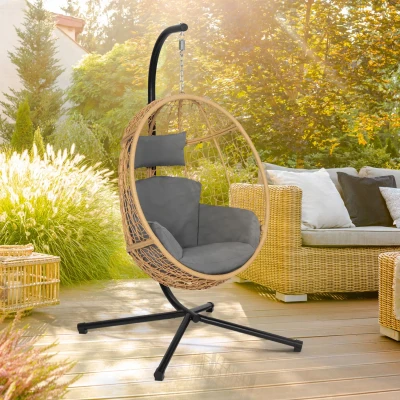 Abbildung von IDMarket Hängesessel mit Loch, Rattan Effekt grauem Kissen