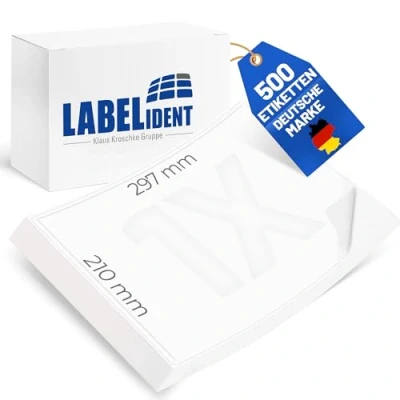 Abbildung von Labelident Laseretiketten selbstklebend auf DIN A4 Bogen 210 x 297 mm 500 Versandetiketten DHL, DPD, Fedex, GLS, Hermes, UPS, matt, Blatt Papier Laserdrucker Etiketten