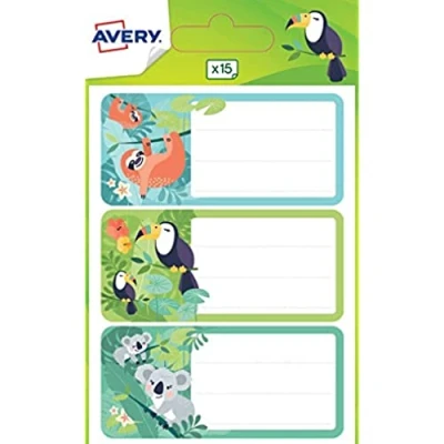 Abbildung von AVERY 15 Etiketten für Notizbuch und Schulmaterial, Fantasie Design, Dschungel: Faultier, Tukan Koala Format 76 x 34 mm