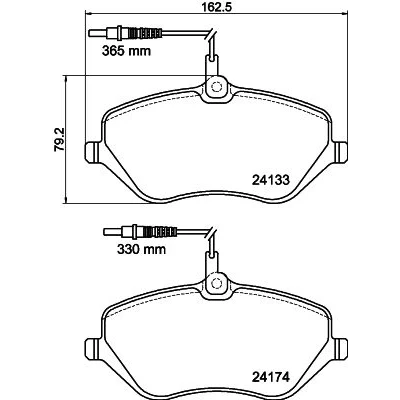 Abbildung von HELLA 8DB 355 011 491 Bremsbelagsatz mit integriertem Verschleißwarnkontakt Zubehör CITROËN: C5 III Kombi, 3, C6 Limousine, PEUGEOT: 407 SW