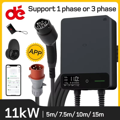Abbildung von dé Typ 2 Wallbox 11kW mit APP und RFID, 6 16A 3 Phasen EV Ladegerät 400V 7,5m Ladekabel Kabelhalter für BEV/PHEV, RCD B &amp; IP55 Schutz, effiziente Ladestation Zuhause, schwarz