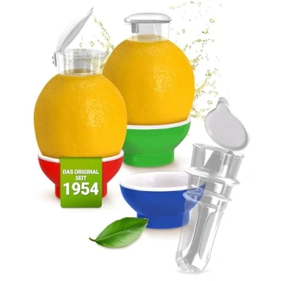 Abbildung von 3 x Patent Safti Zitronenpresse Zitronen Ausgießer Orangen Limetten Entsafter Manuelle Saft Presse Citruspresse (Blau Rot Grün)