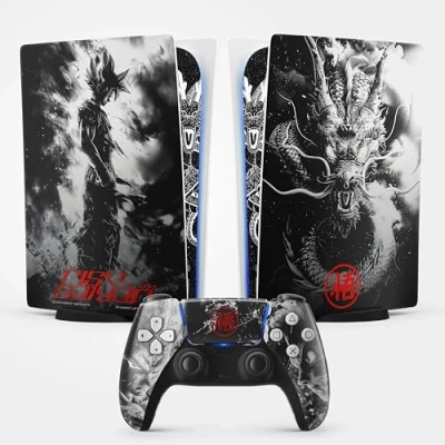 Abbildung von Aufkleber für PlayStation 5, selbstklebend, Manga, Konsole und Controller, Standard Digital Edition, Motiv Drachenkrieger, Skin Krieger PS5 (1 Controller)