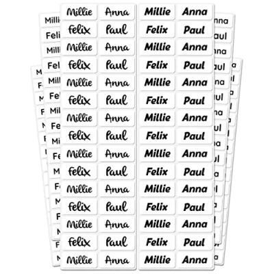 Abbildung von melu kids® Namensschilder für Kleidung &amp; Gegenstände (120 Stück, einfarbig) Kindergarten/Schule Namensaufkleber Kinder Wasserfest und Personalisiert weiß