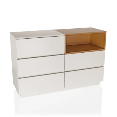 Abbildung von hjh LIVING Sideboard mit 5 Schubladen 120x40x76 cm MELMO S Schubladenkommode im skandinavischen Stil, griffloses Design, Weiß/Eiche