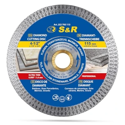 Abbildung von S&amp;R Diamanttrennscheibe 115 mm x 22,2 10 mm, Diamant Trennscheibe für Porzellan, Feinsteinzeug, Harte Fliesen, Granit, Marmor, Winkelschleifer
