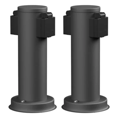 Abbildung von ledscom.de 2 Stück Garten Steckdosensäule PORU für außen, IP44, Fach, Edelstahl, anthrazit, rund, 27 cm