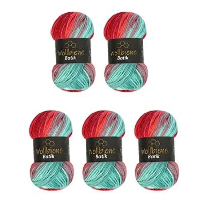 Abbildung von 5 x 100g Wollbiene Batik 500 Gramm Wolle mit Farbverlauf mehrfarbig Multicolor Strickwolle Häkelwolle (1420 petrol rot)