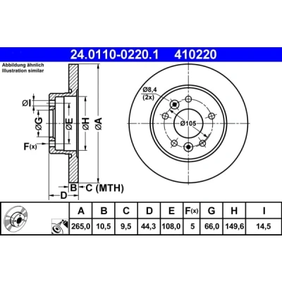 Abbildung von ATE 24.0110 0220.1 Bremsscheibe 265,0 10,5 5 108,0 voll beschichtet RENAULT: LAGUNA 1 Grandtour, 1, SAFRANE 2
