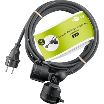Abbildung von goobay 65434 Outdoor Doppel Verlängerungskabel/Stromkabel für den Außenbereich / 2 Schuko Steckdosen mit Schutzklappen (IP44) 3680 W bei 250 V (AC) und 16 A 5m