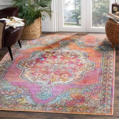 Abbildung von SAFAVIEH Boho Teppich für Wohnzimmer, Esszimmer, Schlafzimmer Crystal Collection, Kurzer Flor, Orange und Hellblau, 122 X 183 cm