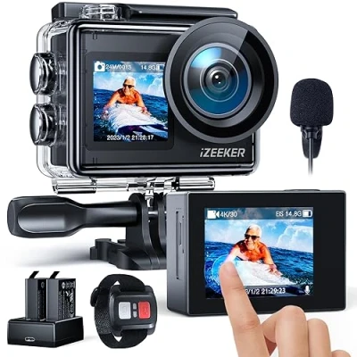 Abbildung von iZEEKER Action Cam 4K 24MP, Unterwasserkamera 40M Wasserdicht mit EIS,Dual Screen Kamera, Touchscreen, Vlog Camera, Helmkamera, WiFi, Fernsteuerung, Externes Mikrofon, 2X1350mAh Akkus, Zubehör Kit