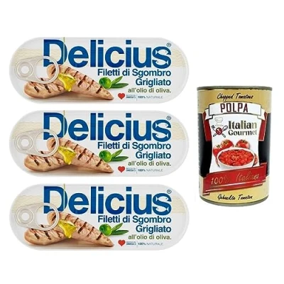 Abbildung von 6x Delicius Filetti di Sgombro Grigliati all&#039;Olio Oliva,Gegrillte Makrelenfilets in Olivenöl,reich an Omega 3,Hochwertiger Blauer Fisch,110g Dose + Italian Gourmet Polpa Pomodoro 400g