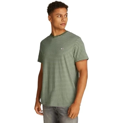 Abbildung von Tommy Jeans Herren T Shirt Kurzarm Slim Stripe Tee mit Rundhalsausschnitt, Mehrfarbig (Aruba Green/Ecru), M