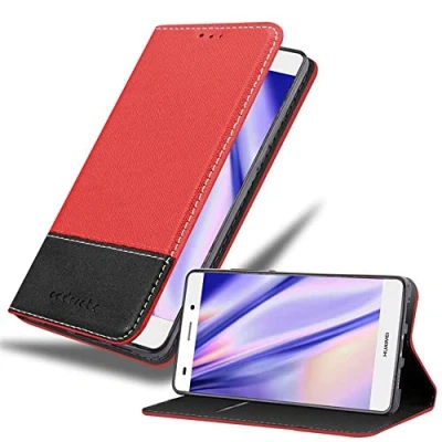 Abbildung von Cadorabo Hülle kompatibel mit Huawei P8 LITE 2015 aus Premium Kunst Leder Flip Klappbare Stoßfeste Magnetische [Standfunktion] [Kartenfächern] Cover für Tasche in Rot