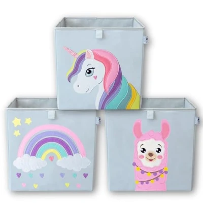 Abbildung von wonneklein Aufbewahrungsbox Kinder 33x33x33 cm Faltbare Spielzeugkiste mit Tiermotiv Ordnungsbox für Kallax Regal Kinderzimmer Aufbewahrung 3er Set Alpaka, Einhorn, Regenbogen