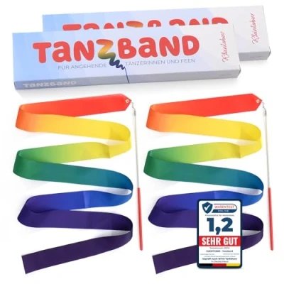 Abbildung von Kleintober Multi Pack 2er Set Premium Gymnastikband mit Stab I Kinder Regenbogen Band Tanzband Bilderanleitung für Übungen optimales Geschenk Mädchen Mitgebsel