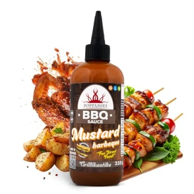 Abbildung von Poppamies BBQ Sauce Senf Barbeque Sanfte und pikante Mischung, perfekt für Pulled Pork Street Food Glutenfrei, Vegan 335 g