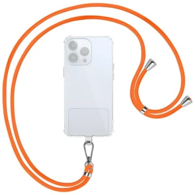 Abbildung von mtb more energy® Universal Handykette Clear Neon Orange Metallteile Silber transparenter Patch kompatibel mit vielen Handyhüllen Zubehör Smartphone zum Umhängen