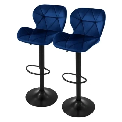 Abbildung von ML Design Barhocker 2er Set, Bezug aus Samt, Blau, Gepolsterter Barstuhl mit Rückenlehne und Fußstütze, Tresenhocker höhenverstellbar 59 79 cm, 360 drehbar, Bistrohocker Hocker Drehstuhl Barstühle