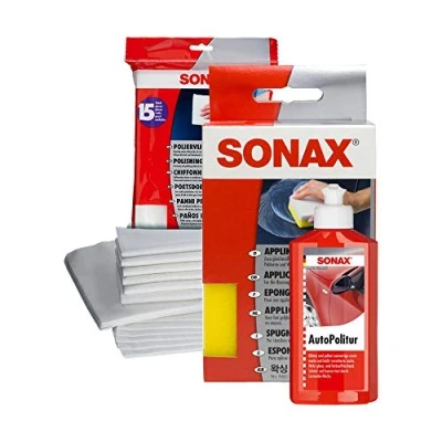 Abbildung von SONAX Pflege Set Auto Politur + Poliervlies Tuch Tücher Applikation Schwamm