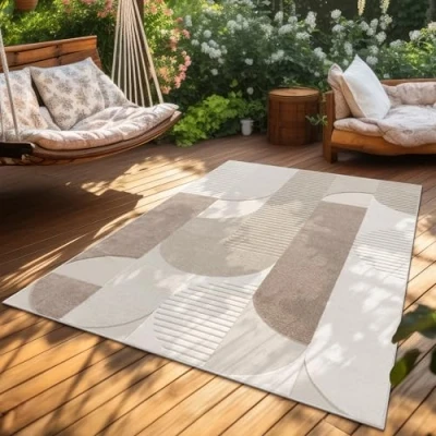 Abbildung von Paco Home Teppich In &amp; Outdoor, Moderne abstrakte Boho Designs mit 3D Struktur, robust wetterfest, ideal für Terrasse Wohnzimmer Küche, Grösse:120x170 cm, Farbe:Beige 2