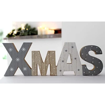 Abbildung von LB H&amp;F Lilienburg Deko Schriftzug Tisch Weihnachten Fenster Holz XMAS Figur Advent weiß, Weihnachtsdeko Dekoration Weihnachtsdekoration Dekofigur grau