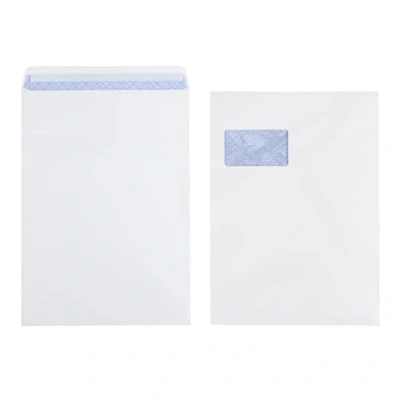 Abbildung von 50 Stück Briefumschlag C4 A4 weiß, mit Fenster, selbstklebend, Abziehstreifen, Chiffre Struktur Innendruck 120 g/m, Format 229 x 324 mm Versandtasche, Briefumschlag, Kuvert, Geschäft