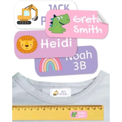 Abbildung von Namensaufkleber für Kinder. Kleidung und Gegenstände. Namensschilder waschmaschinenfest personalisiert text symbolen (Palette 15, 100 Stück)