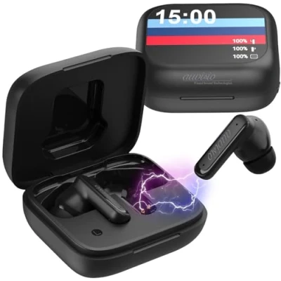 Abbildung von auvisio Wireless Kopfhörer: 2er Set Kabellose In Ear Kopfhörer mit Touchscreen Ladecase &amp; ANC (Kopfhörer Mikrofon Bluetooth, LCD Kopfhörer)