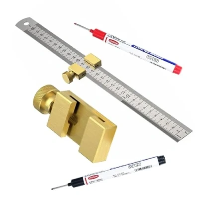 Abbildung von Messing stahl lineal Mit Metallanschlag,Metalllineal,Linealanschlag Streichmass,Anreißlineal Edelstahl,linealanschlag Anreisswerkzeug,Kombinationswinkel Zimmermannswinkel (Brass)