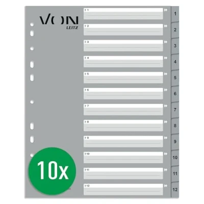 Abbildung von VON Leitz 10er Pack Zahlen Register A4, 1 12 nummerierte Trennblätter für Ordner, PP, Extra breit, 11 Loch Universalregister Schnellhefter &amp; Ringbücher, Grau, 12680085