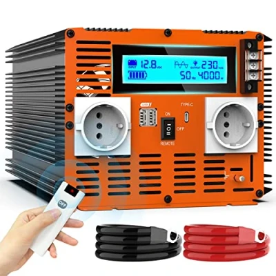 Abbildung von JARXIOKE 4000W Wechselrichter 12v auf 230v Reine Sinus Spannungswandler mit Fernbedienung &amp; LCD Bildschirm 2 EU Steckdose * 3.4A USB Type C Port Solar Power Inverter (2 Jahre Garantie)