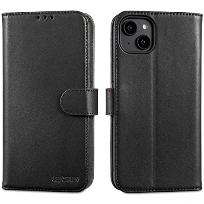 Abbildung von LENSUN Echtleder Hülle für iPhone 14 Plus, Handyhülle [Echtes Leder][Magnetverschluss][RFID Blocker] Handytasche Lederhülle Kompatibel mit Plus 5G Schwarz